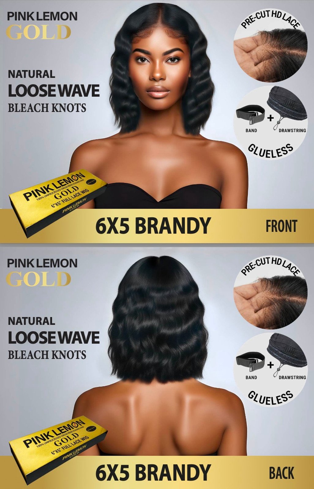 15A PINK LEMON GOLD 100% Human Hair 6X5 Lace Front Wig - BRANDY