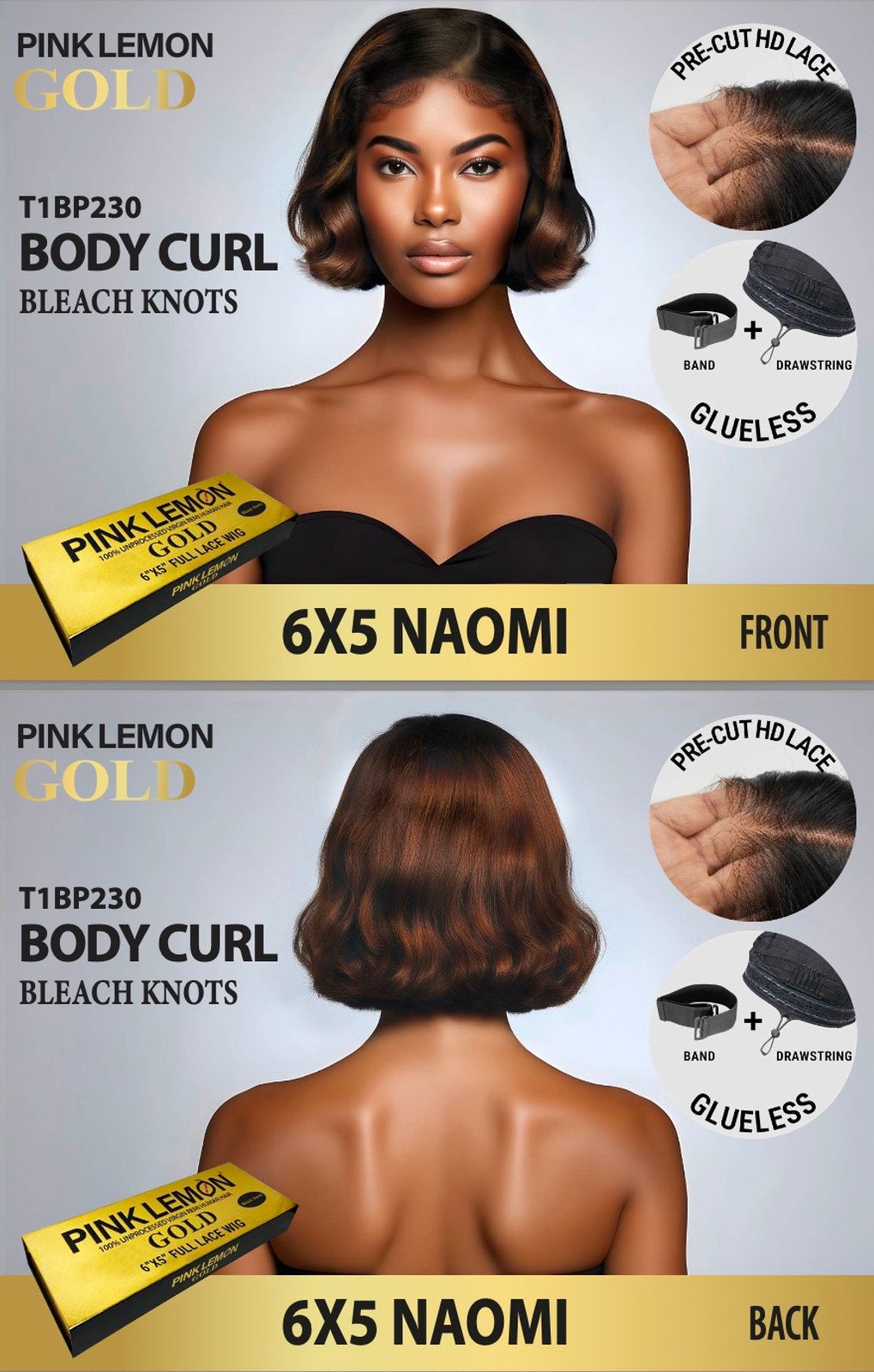 15A PINK LEMON GOLD 100% Human Hair 6X5 Lace Front Wig - NAOMI (Natural)_1
