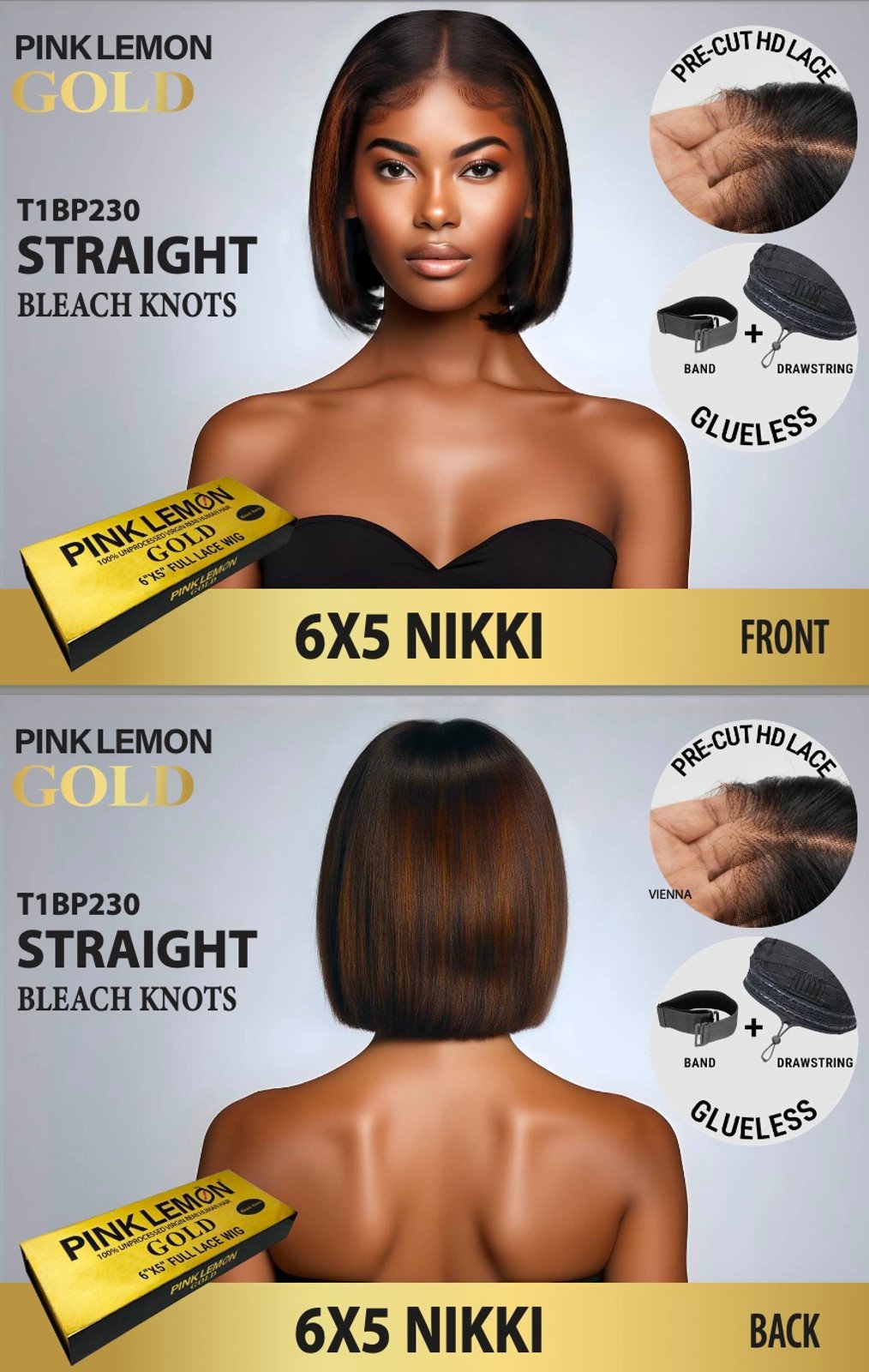 15A PINK LEMON GOLD 100% Human Hair 6X5 Lace Front Wig - NIKKI (T1B/P2/30)