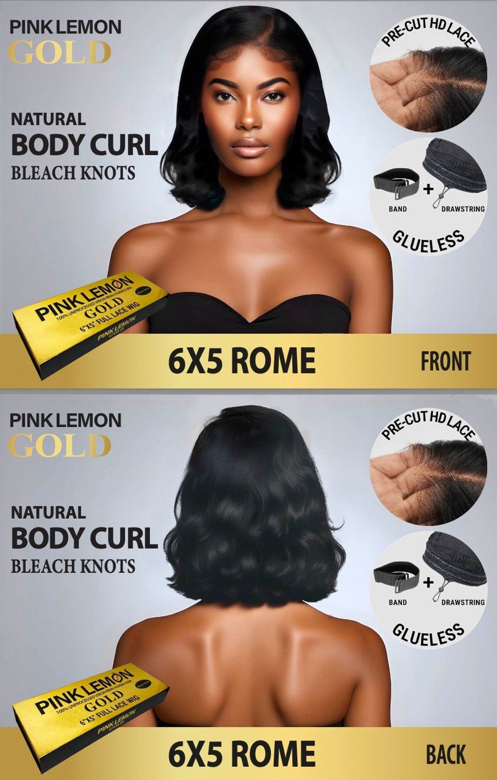 15A PINK LEMON GOLD 100% Human Hair 6X5 Lace Front Wig - ROME (Natural)