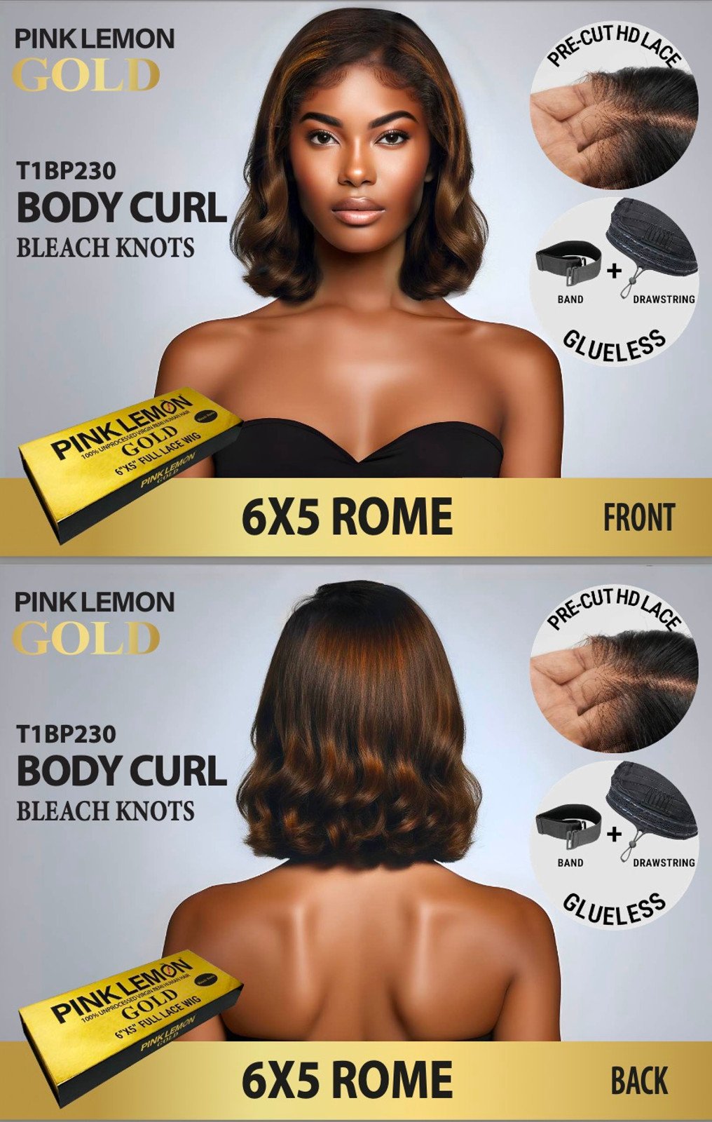 15A Pink Lemon Gold 100% Human Hair 6x5 Lace Front Wig Rome T1B P2 30 Ombre