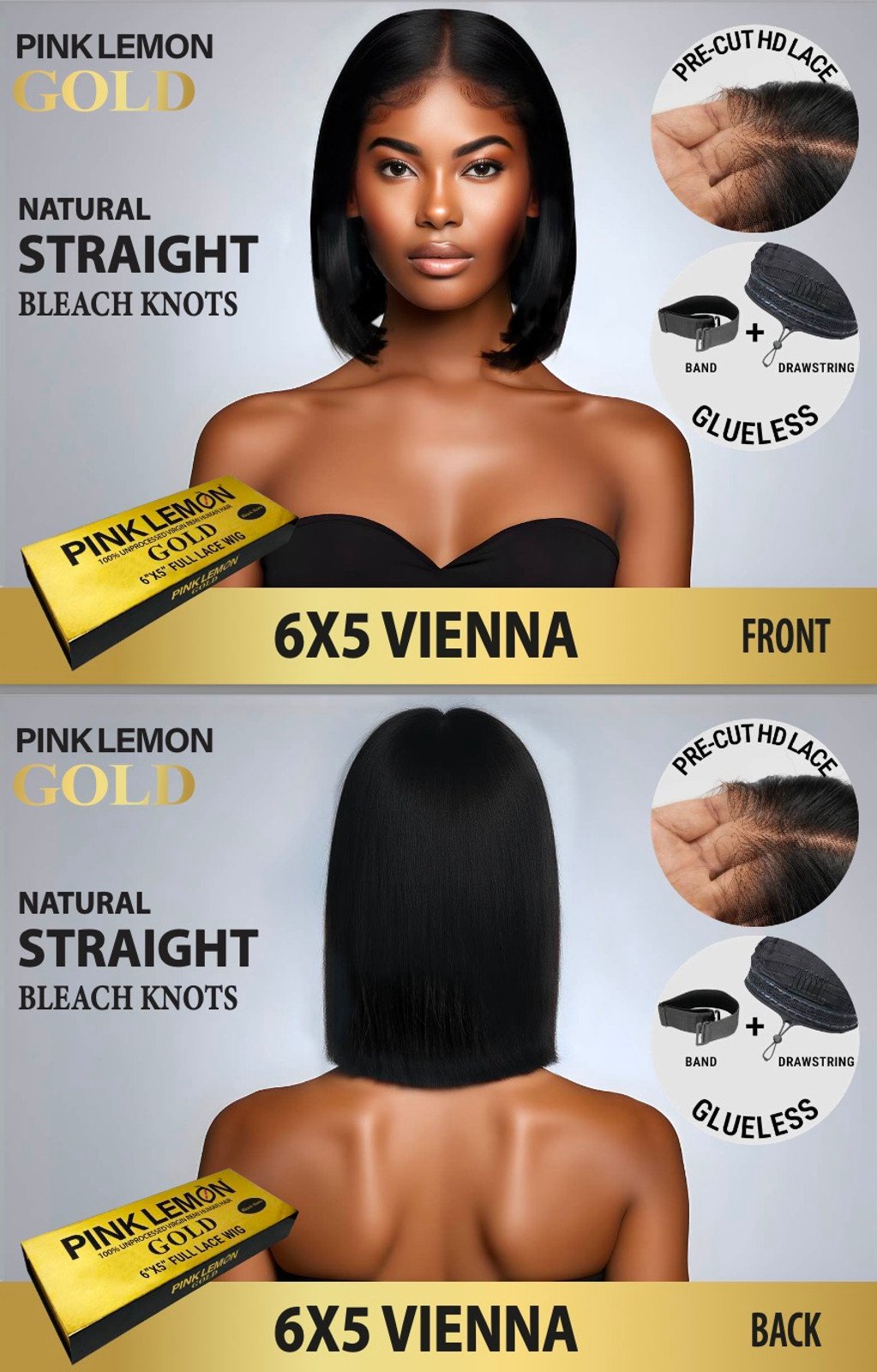 15A Pink Lemon Gold 100% Human Hair 6x5 Lace Front Wig Vienna Natural