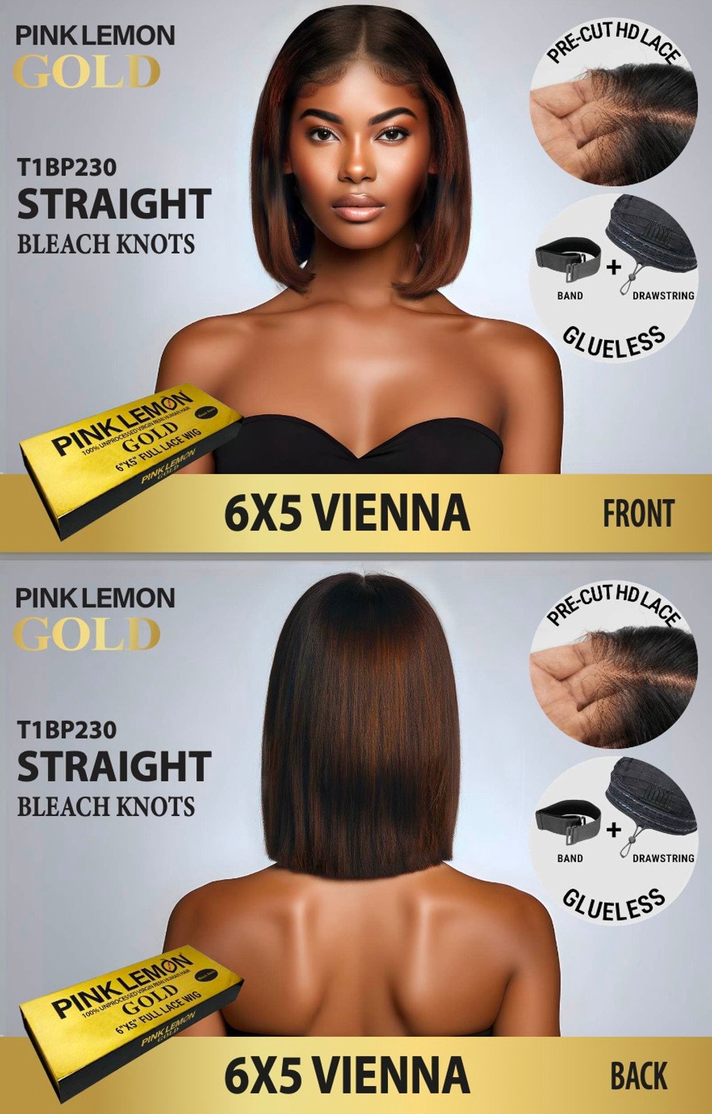 15A PINK LEMON GOLD 100% Human Hair 6X5 Lace Front Wig - VIENNA (T1B/P2/30)
